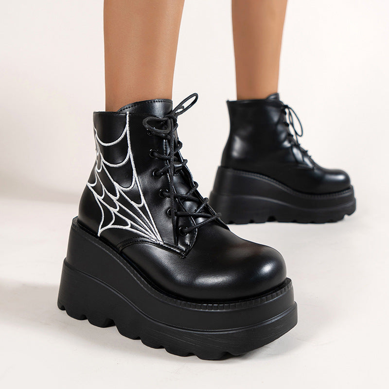 Spider Web Print Shoes Chunky Heel Boots For Women