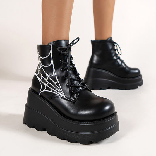 Spider Web Print Shoes Chunky Heel Boots For Women - treasure supply