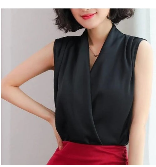 Shot Summer Style V-neck Satin Sleeveless Chiffon Top