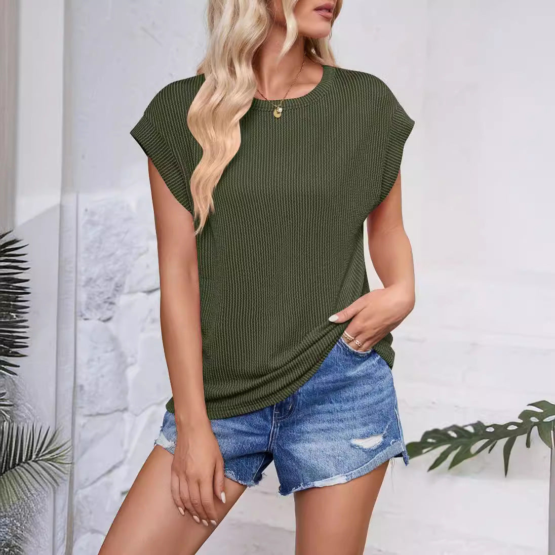 Solid Color Stripe Bat-sleeve T-shirt Summer Casual