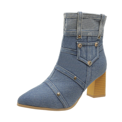 Denim Pointed Toe Chunky Heel Martin Boots Women - treasure supply