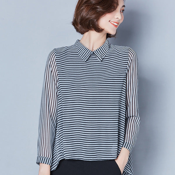 Slim Long-Sleeved Doll Collar Striped Chiffon Shirt