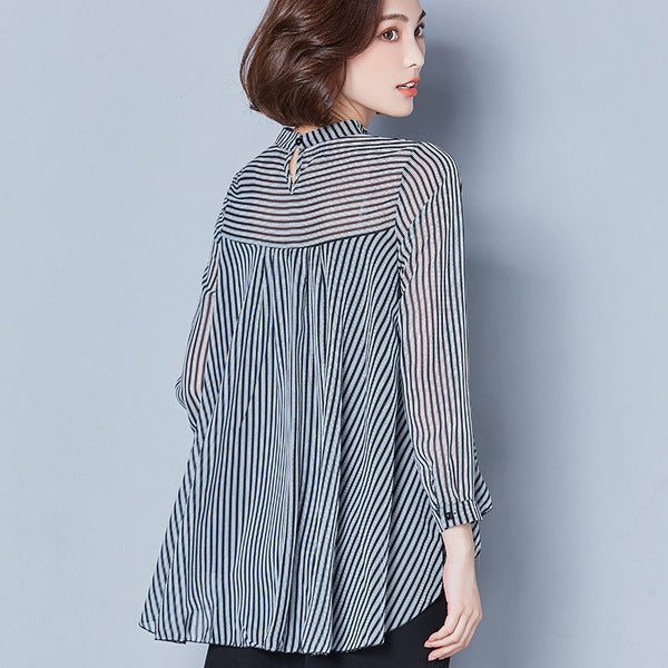 Slim Long-Sleeved Doll Collar Striped Chiffon Shirt - Treasure Supply