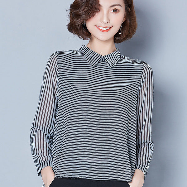 Slim Long-Sleeved Doll Collar Striped Chiffon Shirt