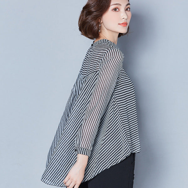 Slim Long-Sleeved Doll Collar Striped Chiffon Shirt