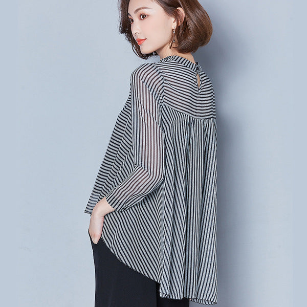 Slim Long-Sleeved Doll Collar Striped Chiffon Shirt - Treasure Supply