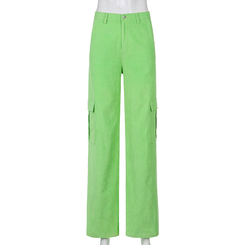 Rapcopter Green Corduroy Pants For Women Big Pockets Cargo Pants Y2K Retro Style Trousers Autumn Winter High Waist Pants 90S - Treasure Supply 