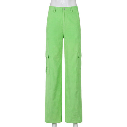 Rapcopter Green Corduroy Pants For Women Big Pockets Cargo Pants Y2K Retro Style Trousers Autumn Winter High Waist Pants 90S - Treasure Supply 