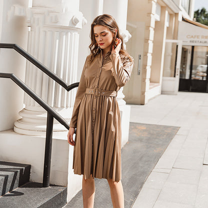 Women Pleated Lapel Belt Long Sleeve Dress - Treasure supply