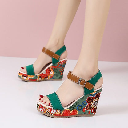 Fashion Flowers Embroidered High Wedge Sandals For Women Summer Toe Platform Buckle Shoes - Treasure Supply