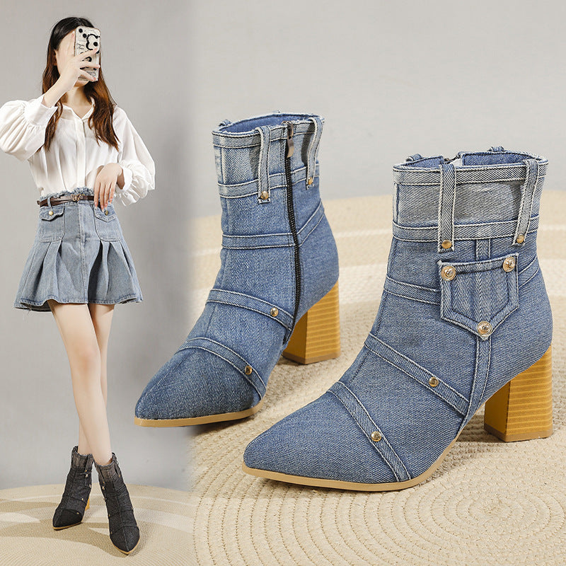 Denim Pointed Toe Chunky Heel Martin Boots Women - treasure supply