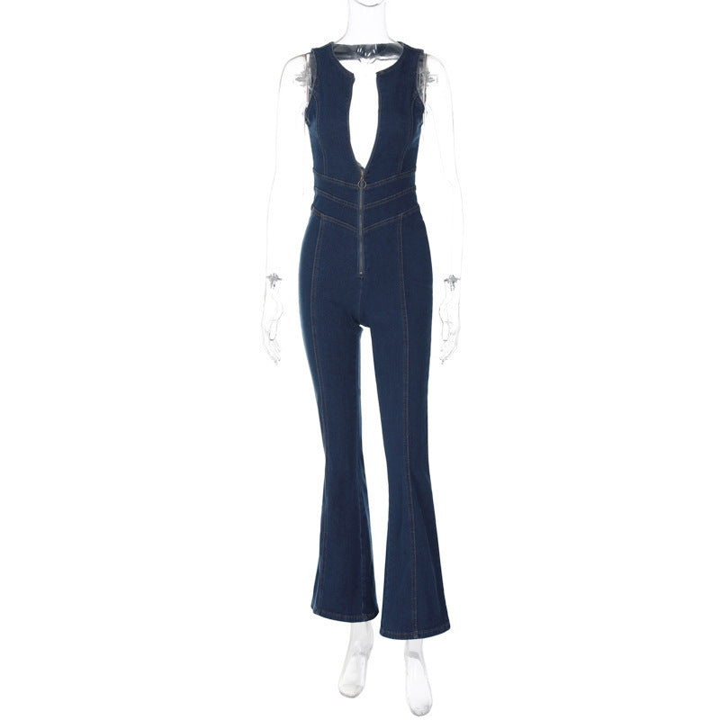 Women Backless Denim Jumpsuit Back Heart Cutout Sleeveless High Waisted - Treasure Supply