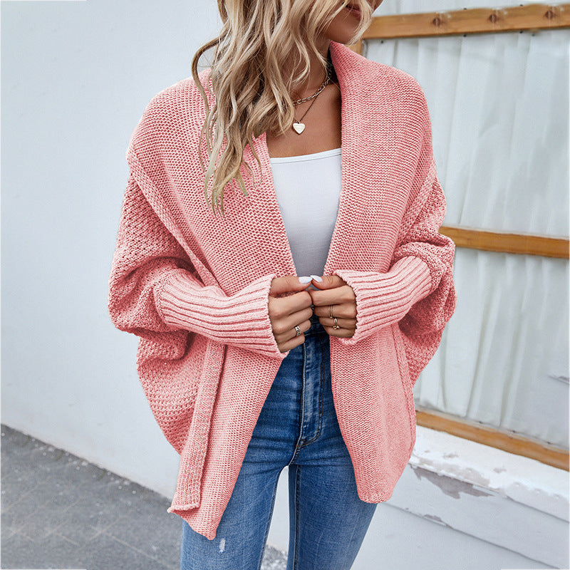 Solid Color Bat Sleeve Large Lapel Cardigan Sweater - treasure supply