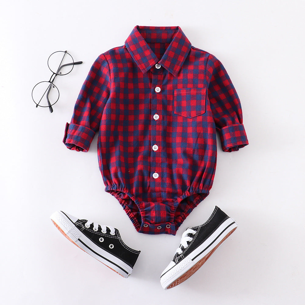 Autumn And Winter Plaid Baby Boy Romper Long-sleeved Shirt