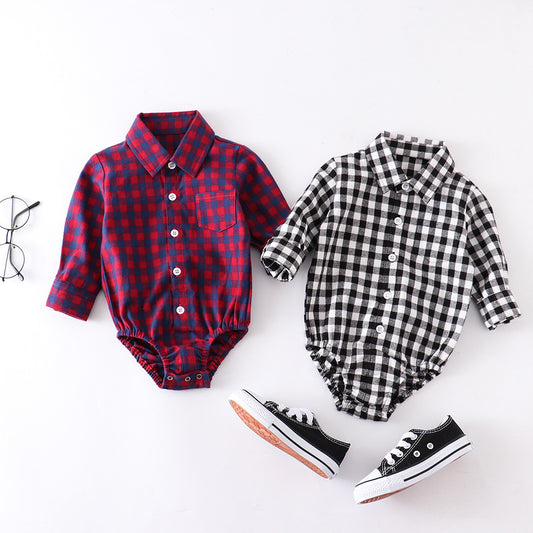 Autumn And Winter Plaid Baby Boy Romper Long-sleeved Shirt Treasure supply