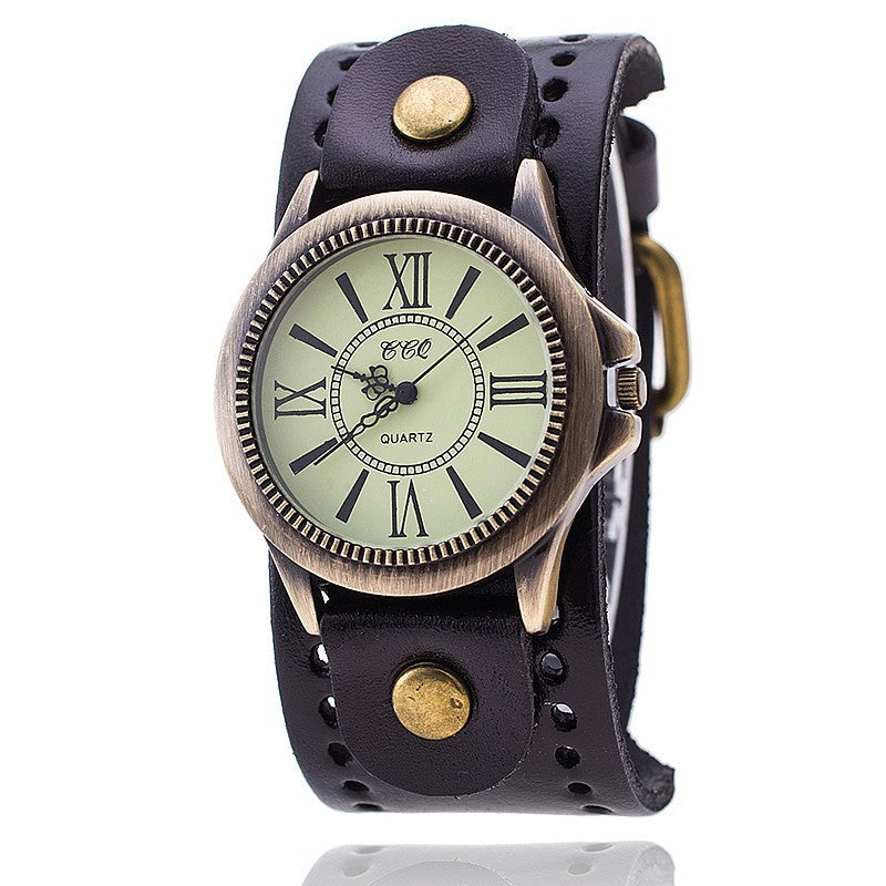 Genuine Leather Retro Roman Literal Watch