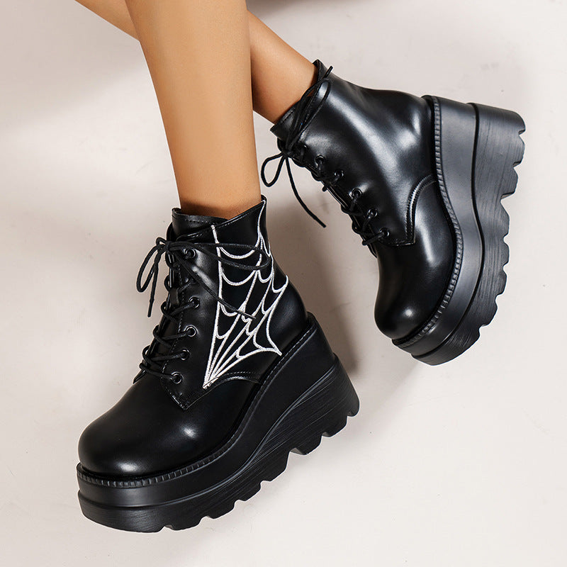 Spider Web Print Shoes Chunky Heel Boots For Women - treasure supply