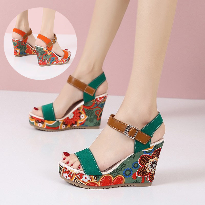 Fashion Flowers Embroidered High Wedge Sandals For Women Summer Toe Platform Buckle Shoes - Treasure Supply