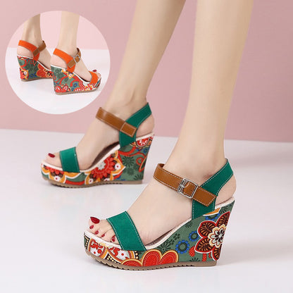 Fashion Flowers Embroidered High Wedge Sandals For Women Summer Toe Platform Buckle Shoes - Treasure Supply