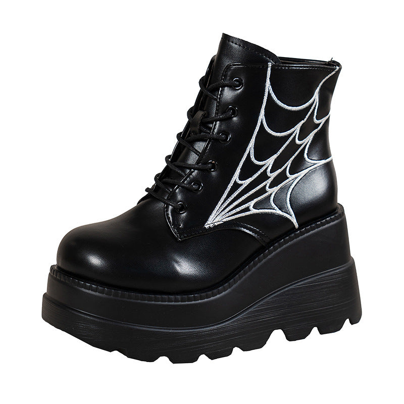 Spider Web Print Shoes Chunky Heel Boots For Women - treasure supply