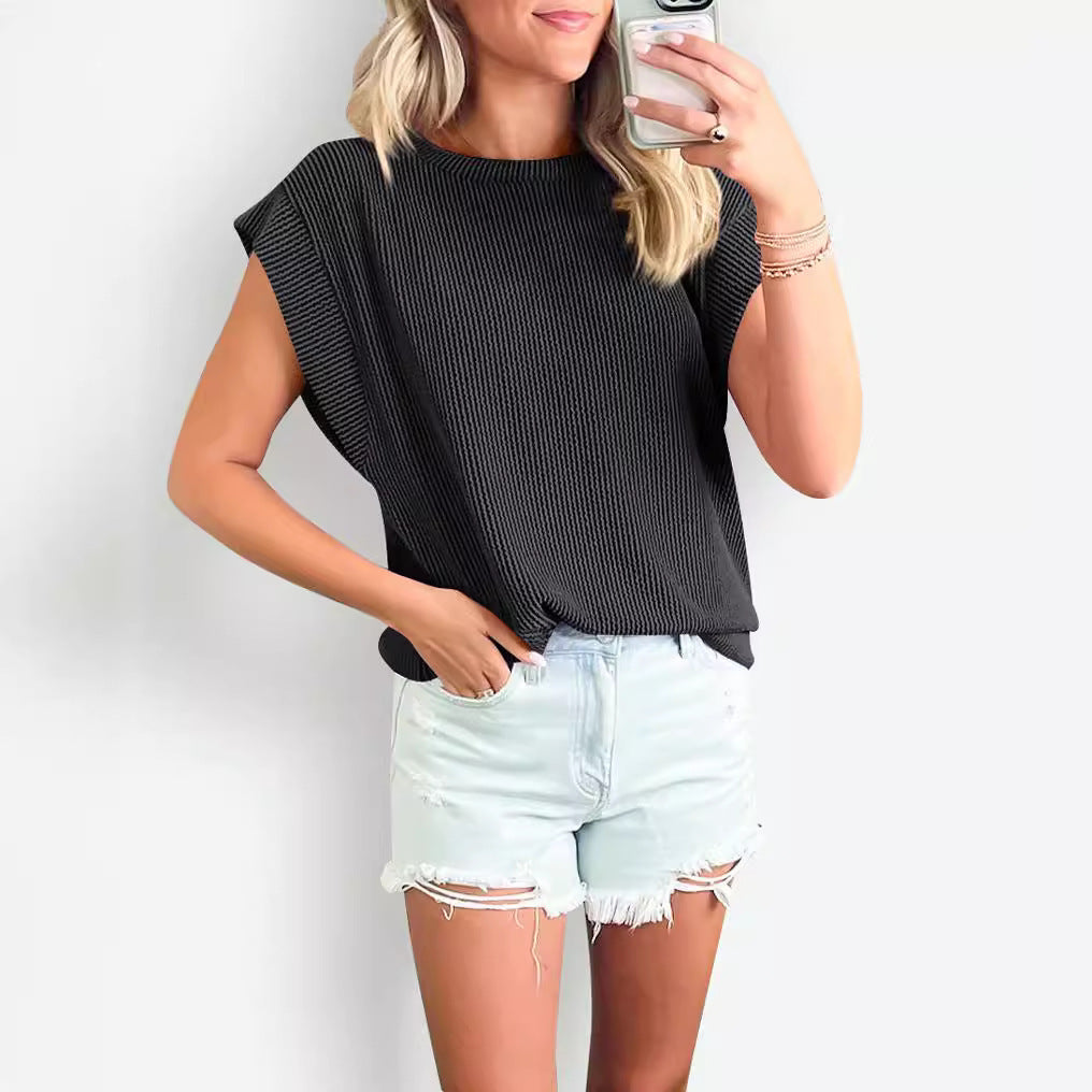 Solid Color Stripe Bat-sleeve T-shirt Summer Casual