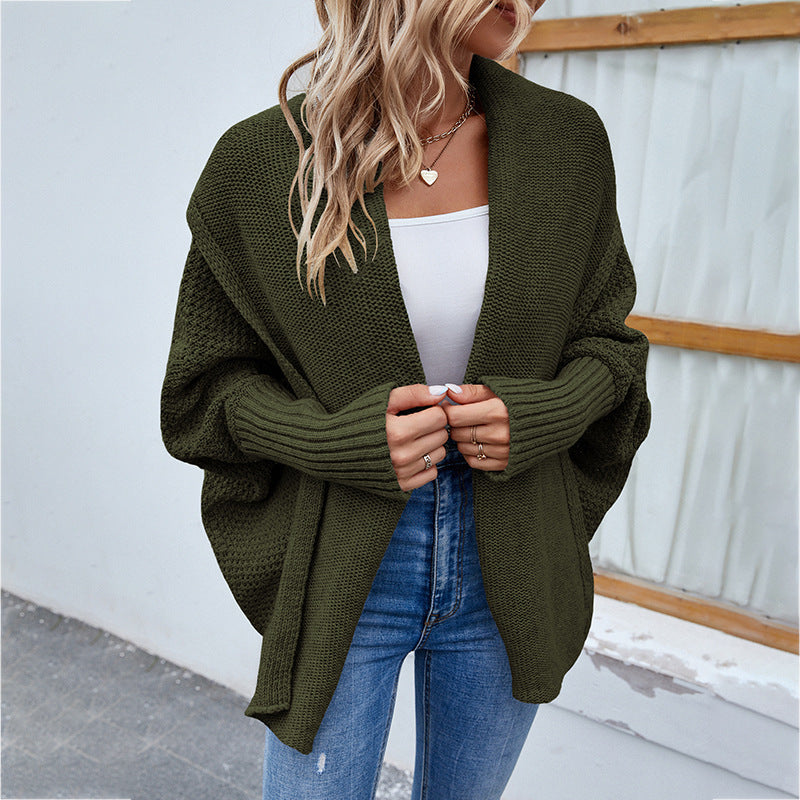 Solid Color Bat Sleeve Large Lapel Cardigan Sweater