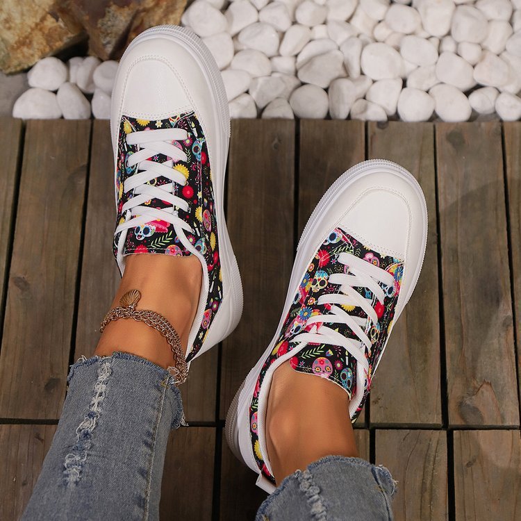 Halloween Skull Print Lace-up Canvas Women Shoes