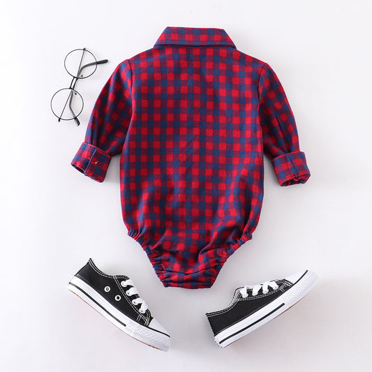 Autumn And Winter Plaid Baby Boy Romper Long-sleeved Shirt Treasure supply