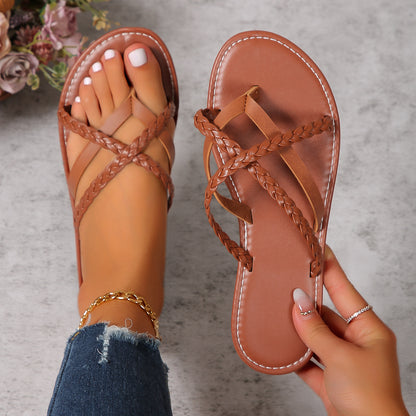 Cross-woven Design Sandals  Summer Flat Shoes Women Flip Slides Beach Slippers - Treasure Supply