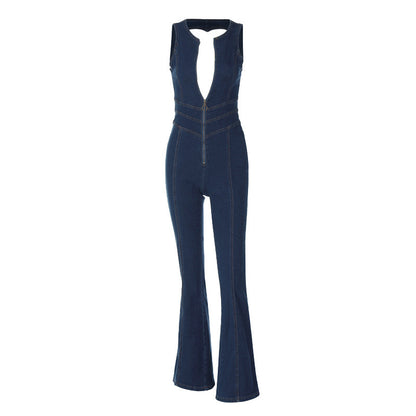 Women Backless Denim Jumpsuit Back Heart Cutout Sleeveless High Waisted - Treasure Supply