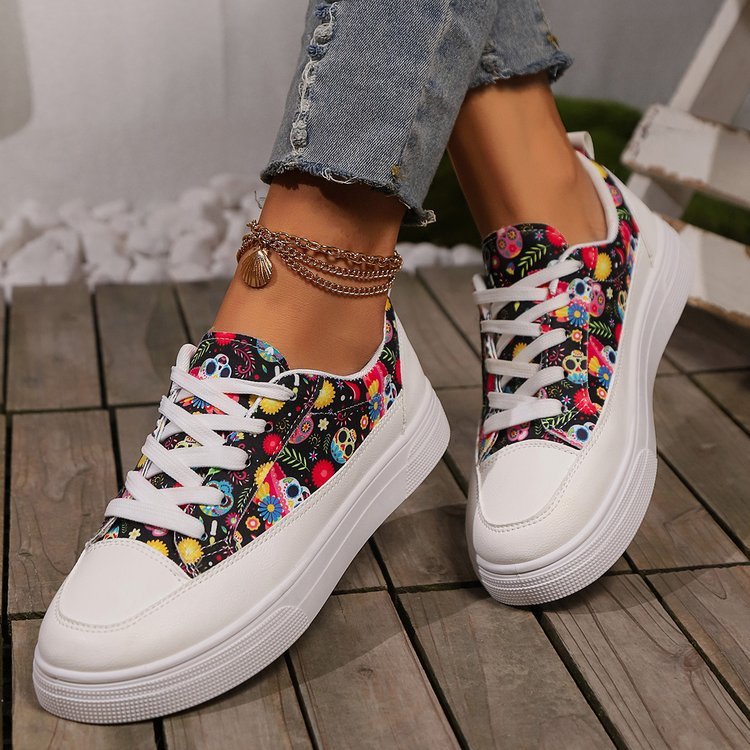 Halloween Skull Print Lace-up Canvas Women Shoes