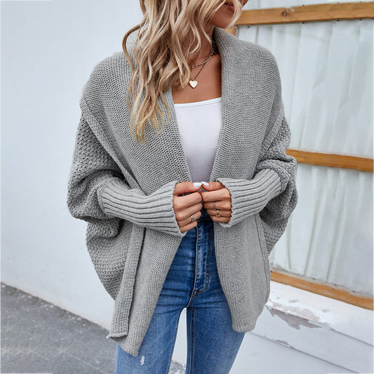 Solid Color Bat Sleeve Large Lapel Cardigan Sweater - treasure supply