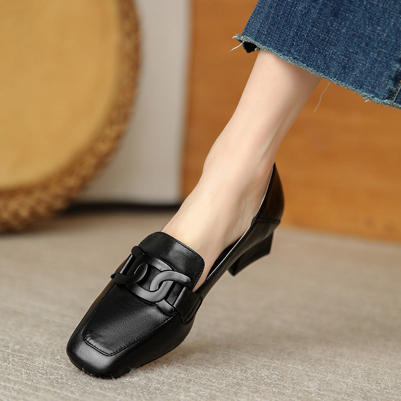 Women's Leather Shoes Square Toe Pumps Mid Heel