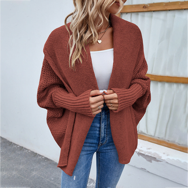 Solid Color Bat Sleeve Large Lapel Cardigan Sweater