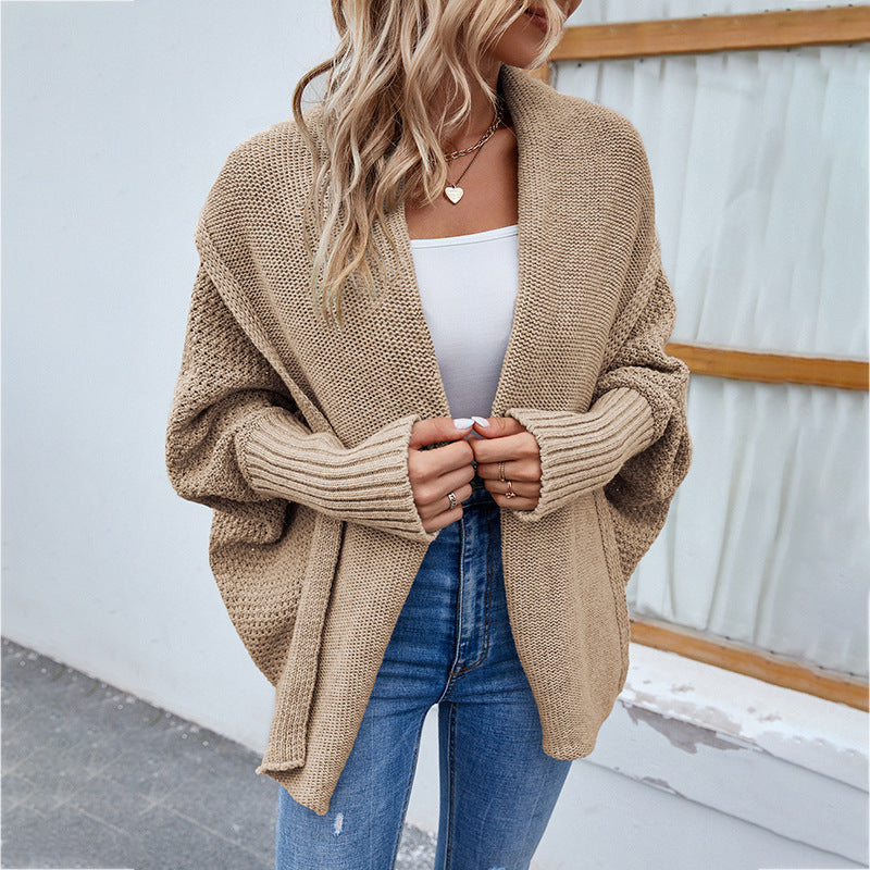 Solid Color Bat Sleeve Large Lapel Cardigan Sweater - treasure supply