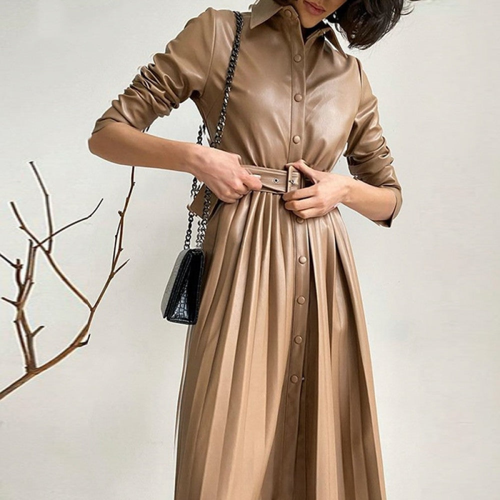 Women Pleated Lapel Belt Long Sleeve Dress - Treasure supply