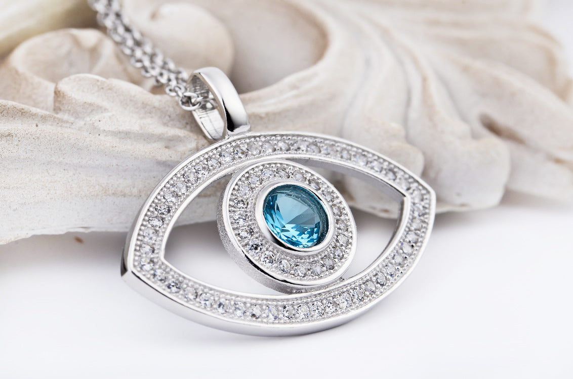 Evil Eye Protection Pendant Necklace in Blue Cubic Zirconia Sterling Silver - Treasure Supply