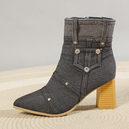 Denim Pointed Toe Chunky Heel Martin Boots Women - treasure supply