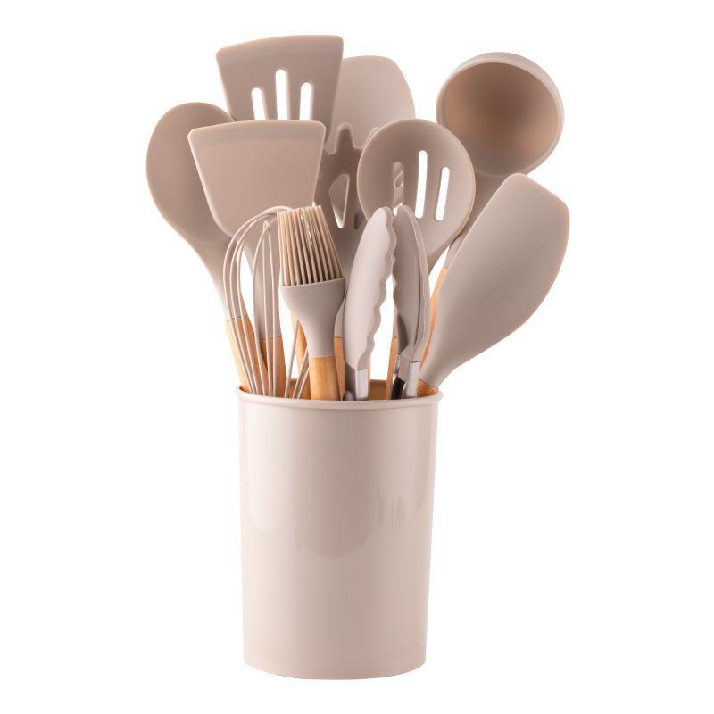 12 Pcs Wooden Handle, Silicone Kitchen Utensils Set. Non-Stick - Treasure Supply