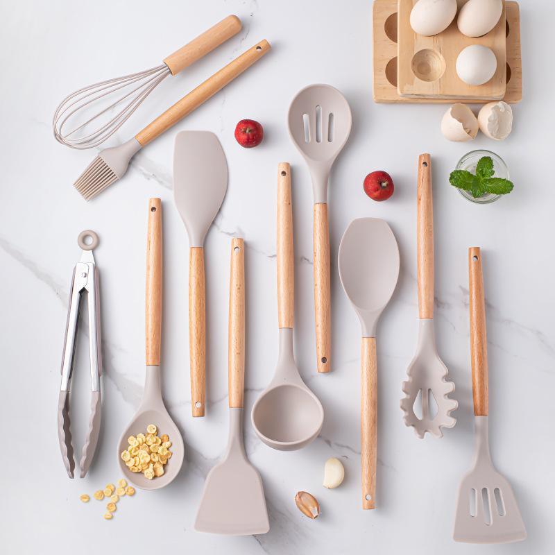 12 Pcs Wooden Handle, Silicone Kitchen Utensils Set