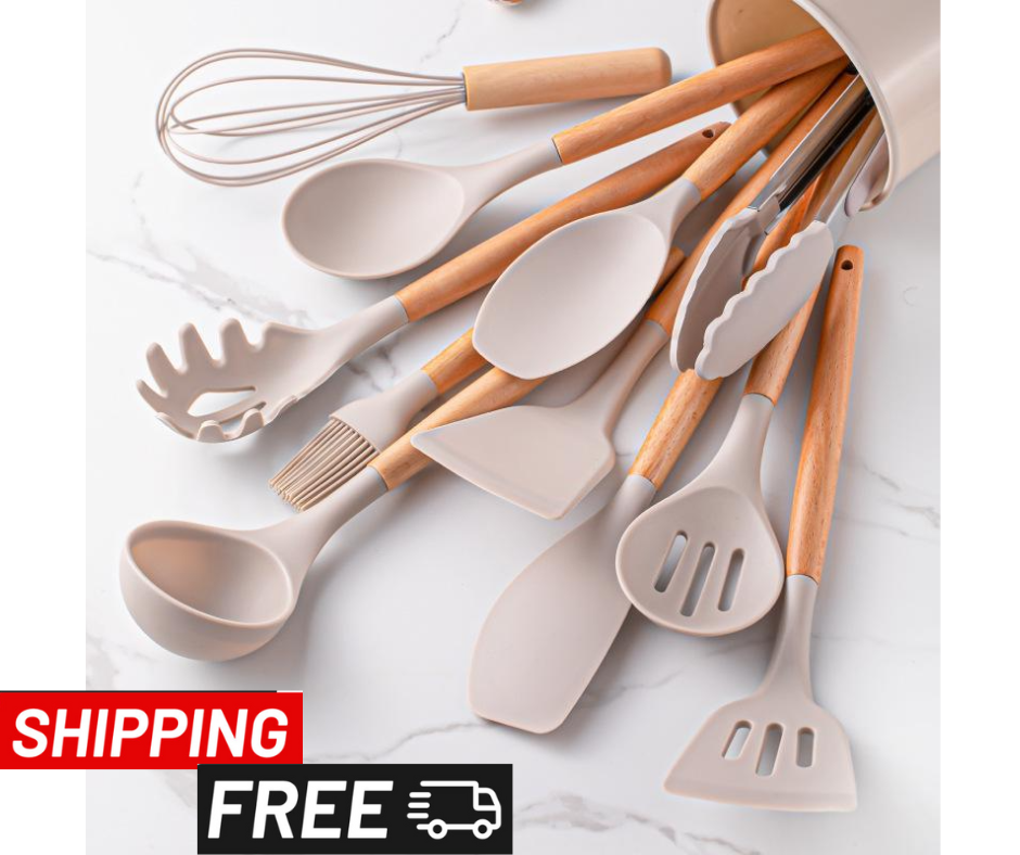 12 Pcs Wooden Handle, Silicone Kitchen Utensils Set