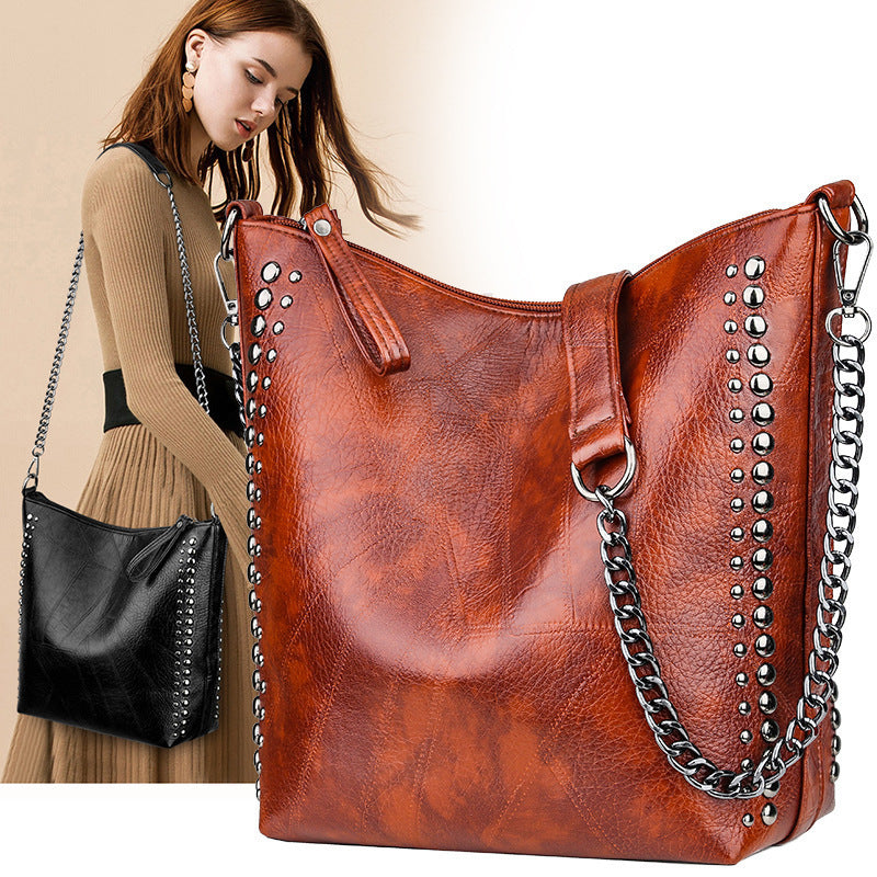 Leather Studded Large Capacity Shoulder Crossbody Bag