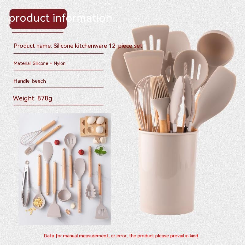 12 Pcs Wooden Handle, Silicone Kitchen Utensils Set. Non-Stick - Treasure Supply