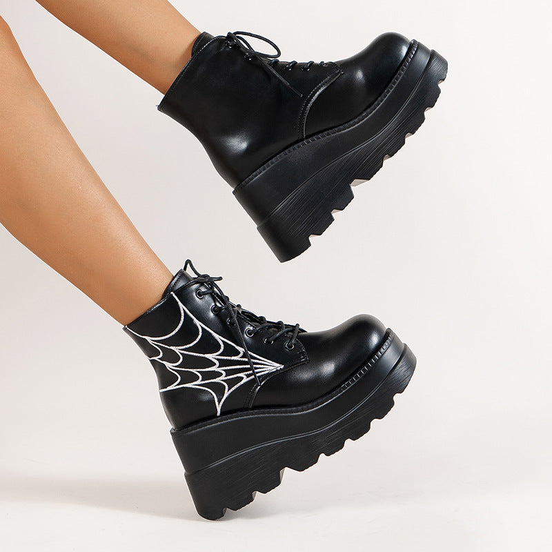 Spider Web Print Shoes Chunky Heel Boots For Women