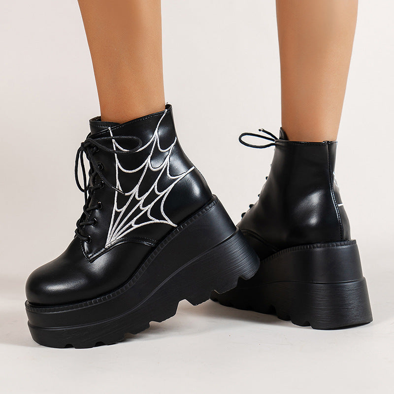 Spider Web Print Shoes Chunky Heel Boots For Women