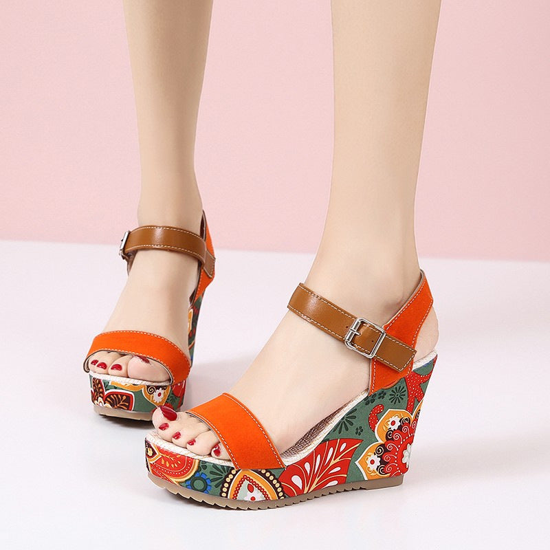 Fashion Flowers Embroidered High Wedge Sandals For Women Summer Toe Platform Buckle Shoes - Treasure Supply