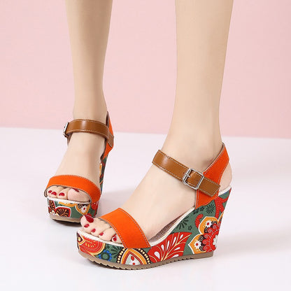 Fashion Flowers Embroidered High Wedge Sandals For Women Summer Toe Platform Buckle Shoes - Treasure Supply