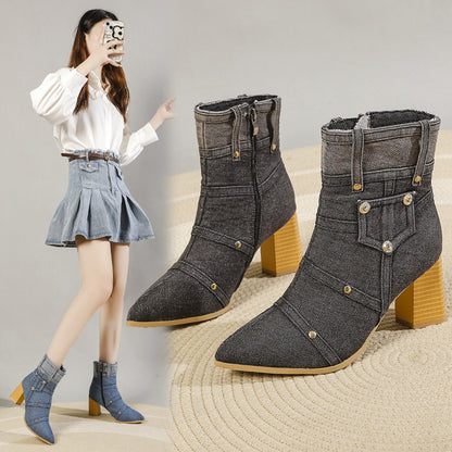 Denim Pointed Toe Chunky Heel Martin Boots Women - treasure supply