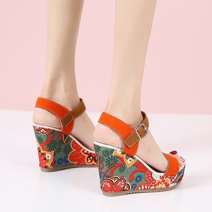 Fashion Flowers Embroidered High Wedge Sandals For Women Summer Toe Platform Buckle Shoes - Treasure Supply