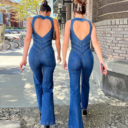 Women Backless Denim Jumpsuit Back Heart Cutout Sleeveless High Waisted - Treasure Supply